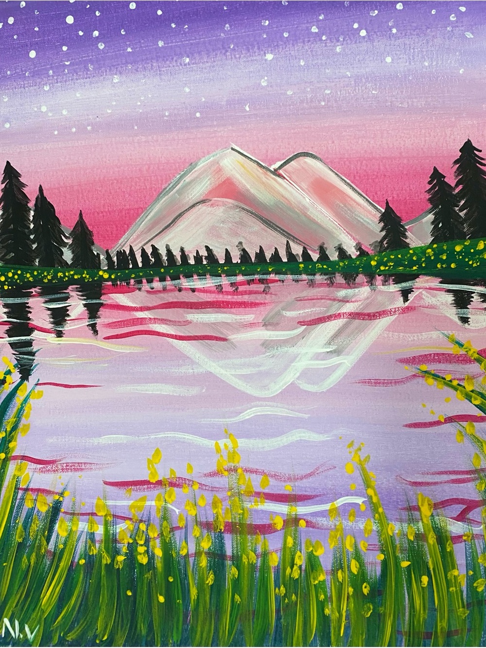 Handpainted Pink Mountain Lake Canvas Art by